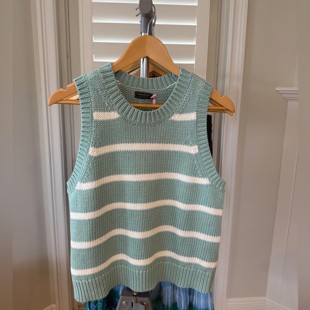 Vineyard Vines Mint Green and White Striped Sleeveless Sweater